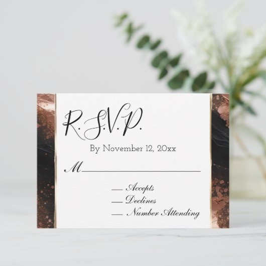 Chic Glam Rose Gold Black Wedding RSVP Begleitkarte (Stehend Vorderseite)