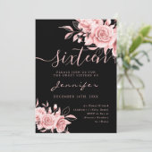 Chic Glam Rose Gold Sweet 16 Glitzer Blumenschwarz Einladung (Stehend Vorderseite)