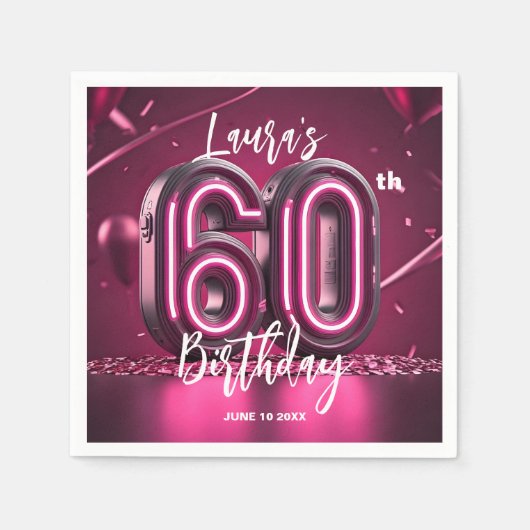 Chic Glam Vibrant Pink Neon Glow 60th Birthday Serviette (Vorderseite)