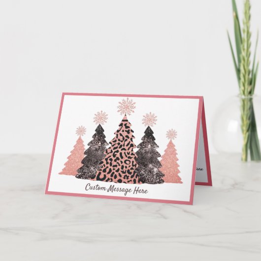 Chic Glitter Christmas Trees Pink Leopard Gray Karte (Vorderseite)