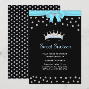 Chic Glitter Diamant Sweet Sixteen auf Schwarz Einladung