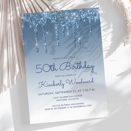 Chic Glitter Drip Blau 50. Geburtstag Einladung