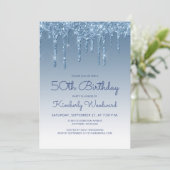 Chic Glitter Drip Blau 50. Geburtstag Einladung (Stehend Vorderseite)