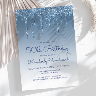 Chic Glitter Drip Blue 50th Birthday Einladung