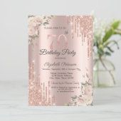 Chic Glitter Drips,Flowers Rose Gold 70th Birthday Einladung (Stehend Vorderseite)