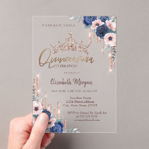 Chic Glitter Krone Drop, Blaue Rosen Quinceañera   Acryleinladungen