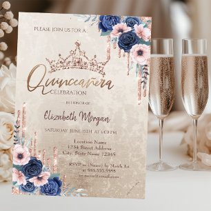 Chic Glitter Krone Drop, Blaue Rosen Quinceañera Einladung