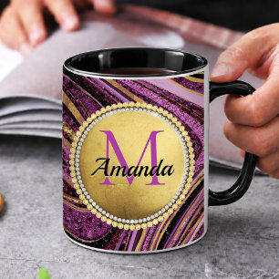 Chic Glitter-Marmor-Kunst pink gold Monogramm Tasse