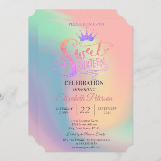 Chic Glitter Tiara Holographic Sweet 16 Party Einladung (Vorne/Hinten)