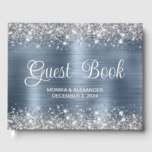 Chic Glittery Dusty Blue Foil Wedding Guest Book Gästebuch (Vorderseite)