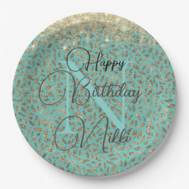Chic Glittery Feathers Monogram Birthday Pappteller