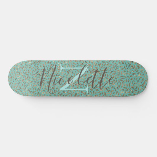 Chic Glittery Feathers Monogram Skateboard (Horizontal)