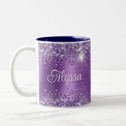 Chic Glittery Lila Amethyst Glam Name Zweifarbige Tasse (Links)