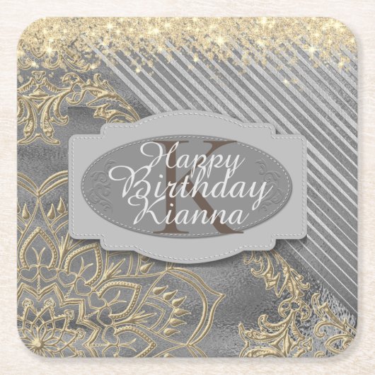 Chic Glittery Mandala Monogram Rechteckiger Pappuntersetzer (Vorderseite)