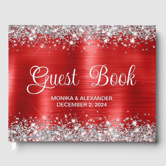 Chic Glittery Red Foil Wedding Guest Book Gästebuch (Vorderseite)