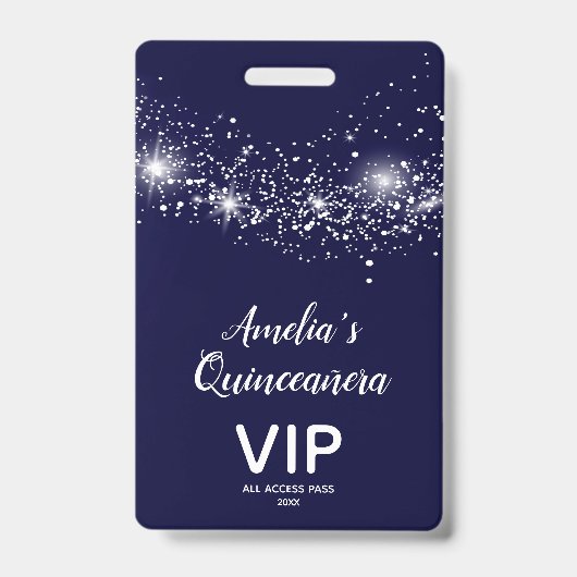 Chic Glitzer auf Navy Quinceañera Invite VIP Pass Ausweis (Vorderseite)