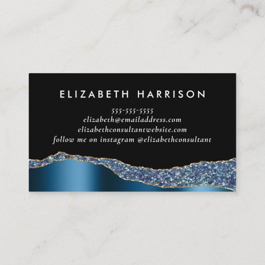 Chic Glitzer Blue Foil Black Visitenkarte (Rückseite)