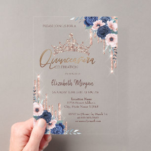 Chic Glitzer Crown Drop, Blue Rose Quinceañera Acryleinladungen