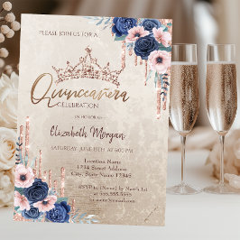 Chic Glitzer Crown Drop, Blue Rose Quinceañera Einladung