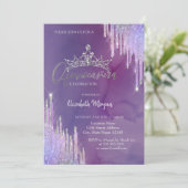 Chic Glitzer Crown Drop Violet Quinceañera Einladung (Stehend Vorderseite)