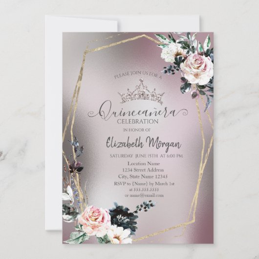 Chic Glitzer Crown, Rose Metallic Einladung (Vorderseite)