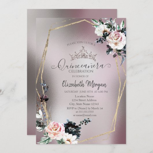 Chic Glitzer Crown, Rose Metallic Einladung (Vorne/Hinten)