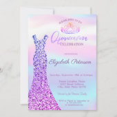 Chic Glitzer Dress, Tiara Holographic Quinceañera Einladung (Vorderseite)
