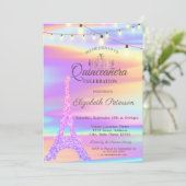 Chic Glitzer Eiffel Tower Holographic Quinceañera Einladung (Stehend Vorderseite)