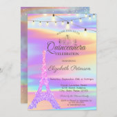 Chic Glitzer Eiffel Tower Holographic Quinceañera Einladung (Vorne/Hinten)