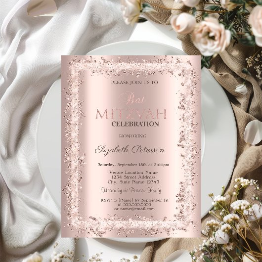 Chic Glitzer Frame Rose Gold Bat Mitzvah Einladung
