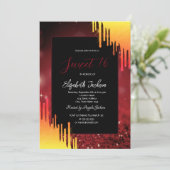 Chic Glitzer Gelbe Tropfen, Bokeh Red Einladung (Stehend Vorderseite)
