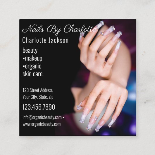 Chic Glitzer Glam Nail Art Salon QR Code Quadratische Visitenkarte (Vorderseite)