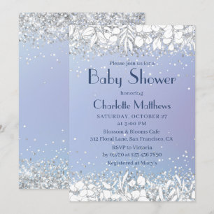 Chic Glitzer Moderne Blumenblauer Babydusche Einladung