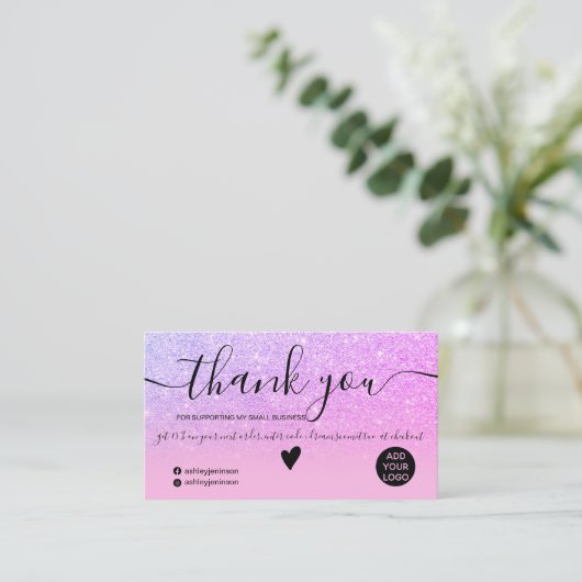 Chic Glitzer pink ombre lila Ordnung vielen Dank Visitenkarte (Stehend Vorderseite)