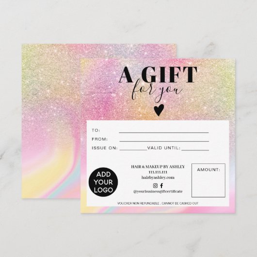 Chic Glitzer Regenbogen Quadrat Geschenkgutschein (Vorne/Hinten)