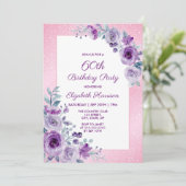 Chic Glitzer Rosa Lila Rose Blumengeburt Einladung (Stehend Vorderseite)