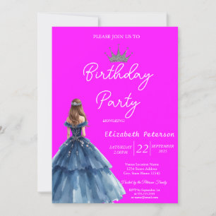 Chic Glitzer Tiara Blue Dress Neon Pink Geburtstag Einladung