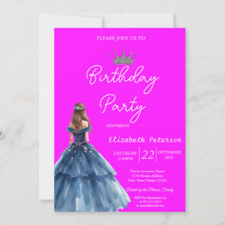 Chic Glitzer Tiara Blue Dress Neon Pink Geburtstag Einladung