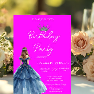 Chic Glitzer Tiara Blue Dress Neon Pink Geburtstag Einladung