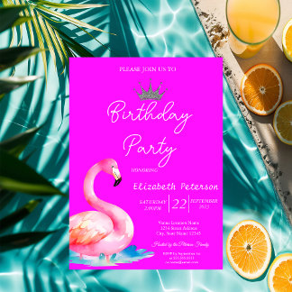 Chic Glitzer Tiara Flamingos Neon Pink Geburtstag Einladung