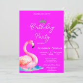 Chic Glitzer Tiara Flamingos Neon Pink Geburtstag Einladung (Stehend Vorderseite)