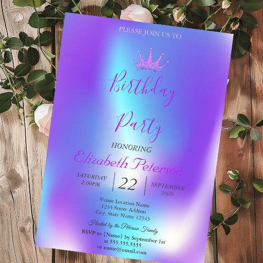 Chic Glitzer Tiara Ombre Holographic Birthday Einladung