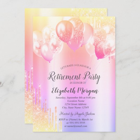 Chic Glitzer Tropfen Balloons Ombre Pension Einladung (Vorne/Hinten)