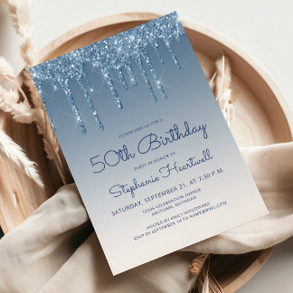 Chic Glitzer Tropfen Blue 50. Geburtstag Einladung