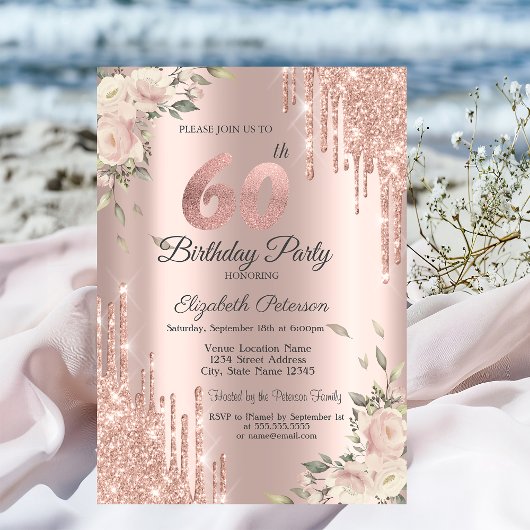 Chic Glitzer Tropfen,Blume Rose Gold 60. Geburtsta Einladung