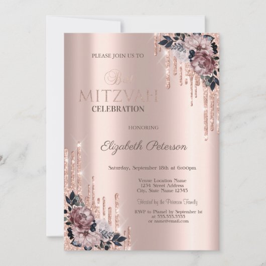 Chic Glitzer Tropfen Blume Rose Gold Bat Mitzvah Einladung (Vorderseite)