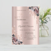 Chic Glitzer Tropfen Blume Rose Gold Bat Mitzvah Einladung (Stehend Vorderseite)