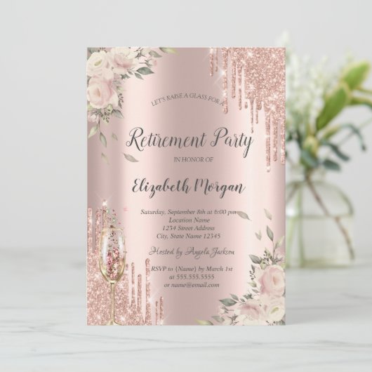 Chic Glitzer Tropfen, Blume Rose Gold Rente Einladung (Stehend Vorderseite)