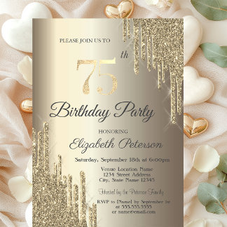 Chic Glitzer Tropfen Champagne 75. Geburtstag Einladung