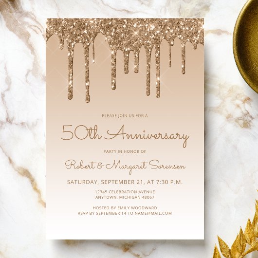 Chic Glitzer Tropfen Gold 50 Jahre Party Einladung